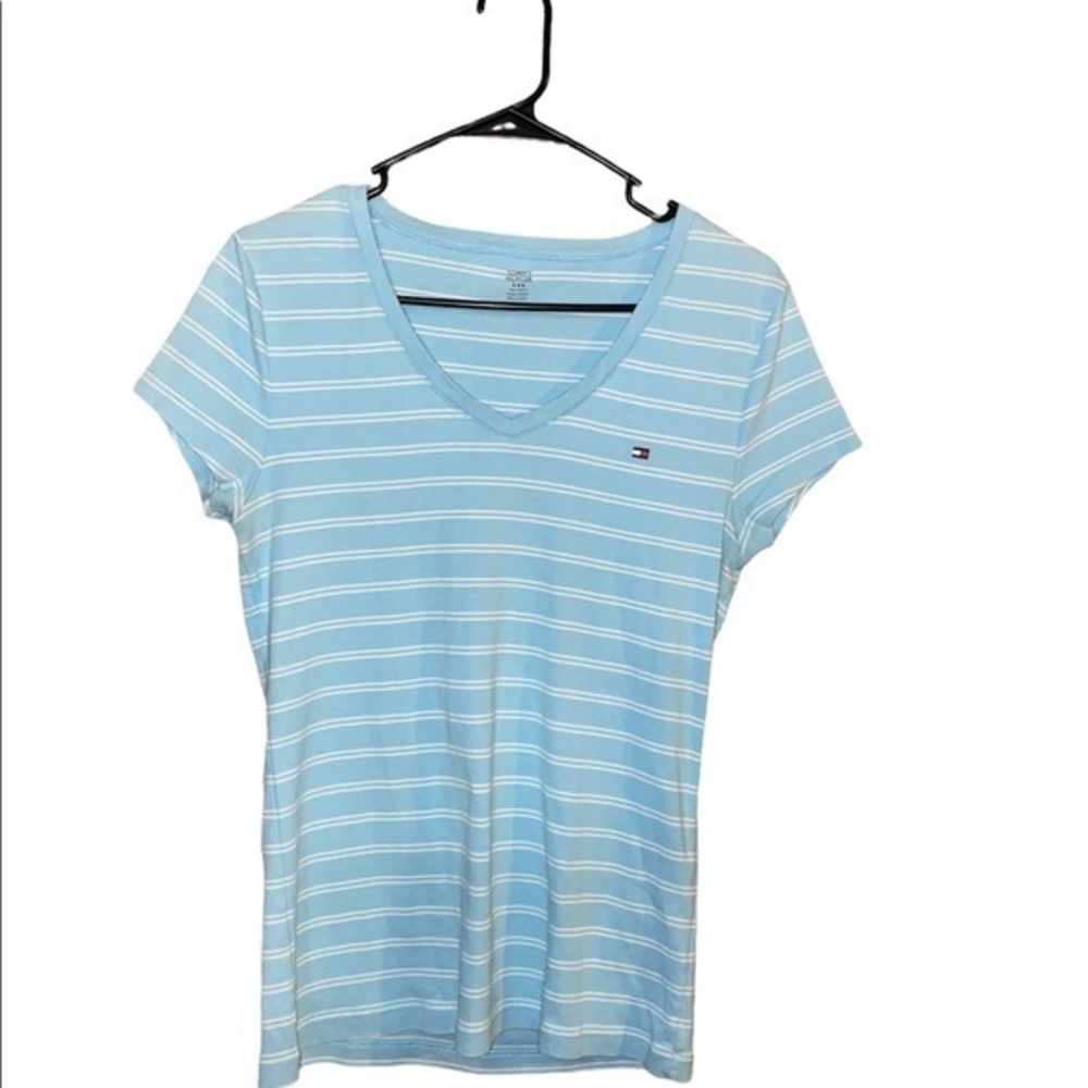 Women’s Tommy Hilfiger Light Blue Striped V neck Tshirt w/ logo Sz L